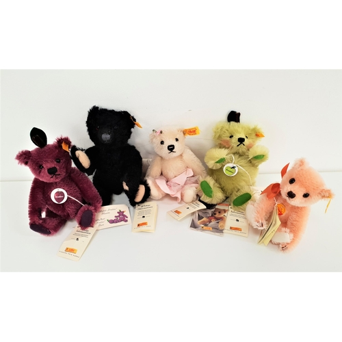 457 - FIVE SMALL STEIFF TEDDY BEARS
in mohair and with paper tags, comprising Fairy 18 with petal skirt an... 