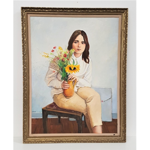 500 - JOSEPH KEARNEY (Scottish 1939-2017)
Girl with a sunflower and other flowers, oil on canvas, signed, ... 