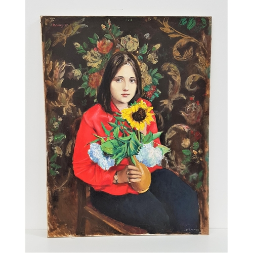 502 - JOSEPH KEARNEY (Scottish 1939-2017)
Girl with a sunflower, oil on canvas, unframed, signed and dated... 