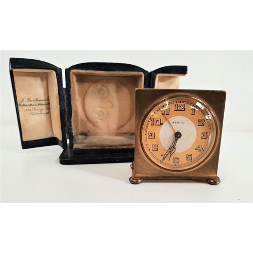 322 - ZENITH 1930s TRAVEL ALARM CLOCK
in brass with a circular dial with Arabic numerals, in a fitted leat... 