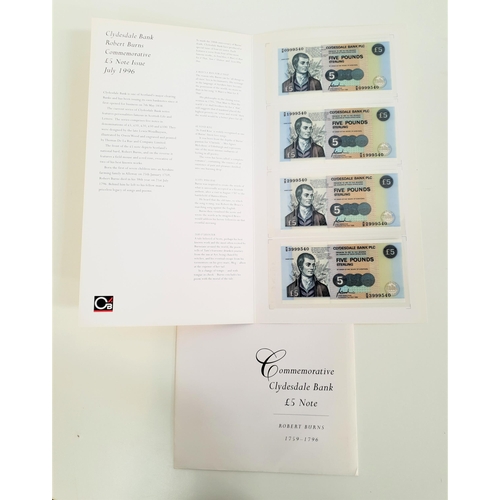 481 - COMMEMORATIVE CLYDESDALE BANK ROBERT BURNS £5 NOTES
comprising four notes 0999540, 1999540, 2999540 ... 