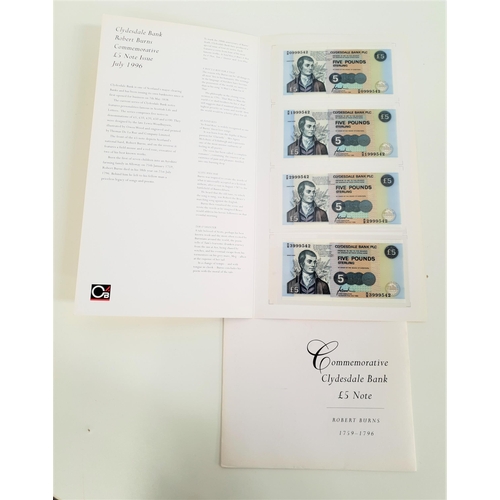 483 - COMMEMORATIVE CLYDESDALE BANK ROBERT BURNS £5 NOTES
comprising four notes 0999542, 1999542, 2999542 ... 