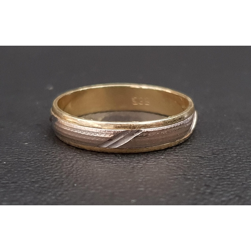 25 - FOURTEEN CARAT GOLD WEDDING BAND
in white and yellow gold and with engraved detail, ring size V-W an... 