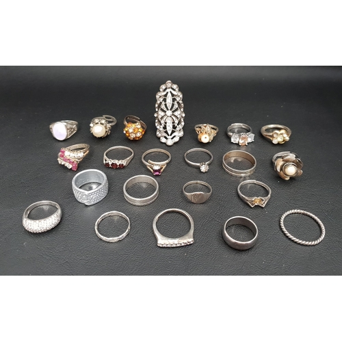 28 - SELECTION OF SILVER AND OTHER RINGS
including simulated pearl and crystal set examples, 1 box