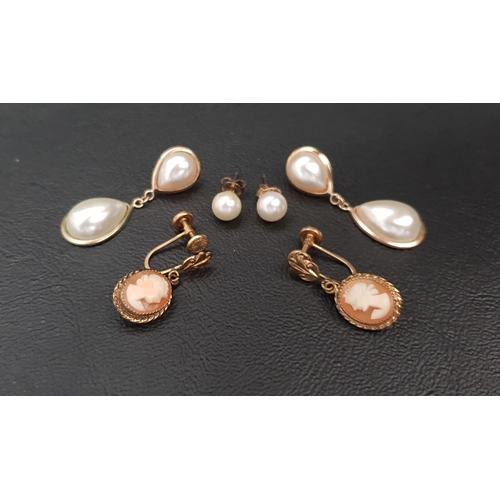 37 - THREE PAIRS OF NINE CARAT GOLD MOUNTED EARRINGS
comprising a pair of cameo set drop earrings, a pair... 
