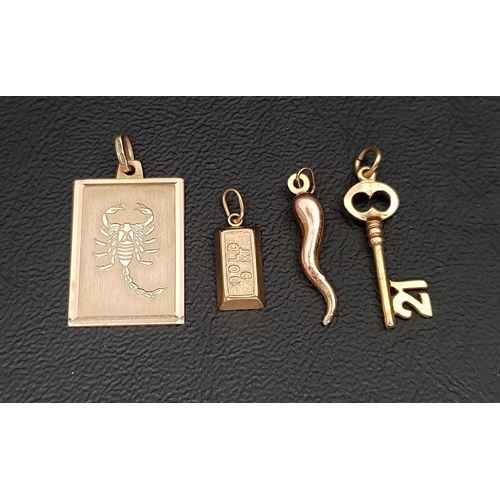 38 - FOUR NINE CARAT GOLD PENDANTS/CHARMS
comprising a Scorpio pendant, a gold bar, a key with the number... 