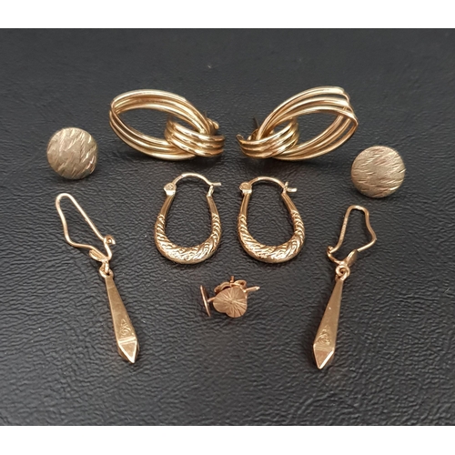 48 - FIVE PAIRS OF NINE CARAT GOLD EARRINGS
comprising two pairs of hoop style earrings, one pair of drop... 