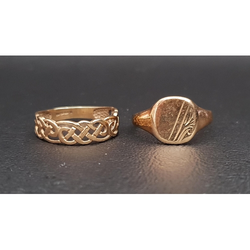 85 - TWO NINE CARAT GOLD RINGS
one a signet ring and the other with entwined pierced detail, ring sizes K... 