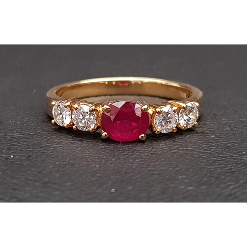 89 - RUBY AND DIAMOND FIVE STONE RING
the central oval cut treated ruby approximately 0.75cts, flanked by... 