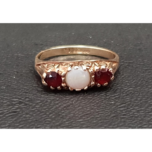 104 - OPAL AND GARNET THREE STONE RING
on nine carat gold shank, ring size J and approximately 1.9 grams