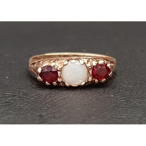 104 - OPAL AND GARNET THREE STONE RING
on nine carat gold shank, ring size J and approximately 1.9 grams