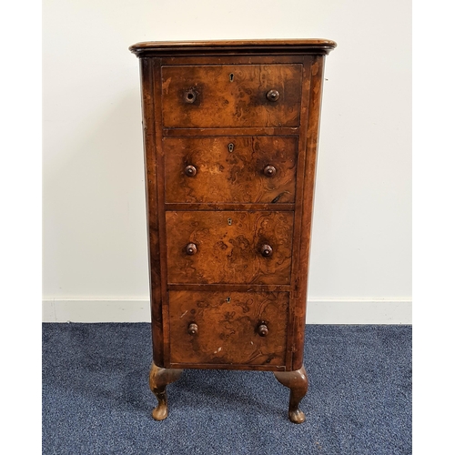 551 - LATE 19th CENTURY FIGURED WALNUT CHEST
of narrow proportions with a moulded top above four drawers, ... 