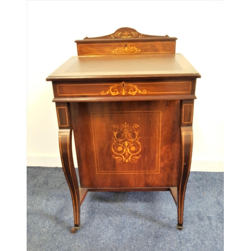 555 - EDWARDIAN ROSEWOOD AND INLAID DAVENPORT
the shaped and raised back stationary box with a fitted inte... 