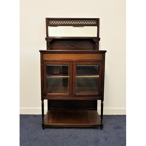 568 - EDWARDIAN TEAK SIDE CABINET
with a pierced lattice work frame above a bevelled rectangular mirror wi... 