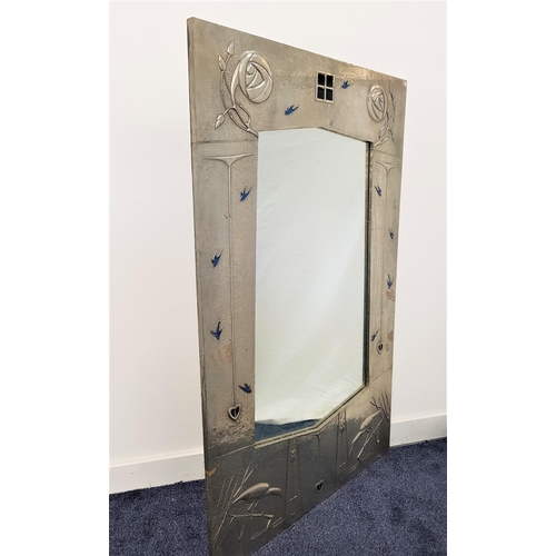 615 - LARGE ART NOUVEAU STYLE WALL MIRROR
the hammered pewter frame with stylised motifs and enamel decora... 