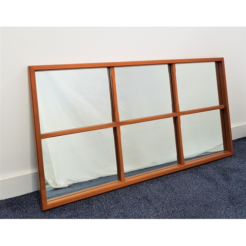 618 - TEAK WALL MIRROR
with a trellis type frame over a plain plate, 56cm x 109cm