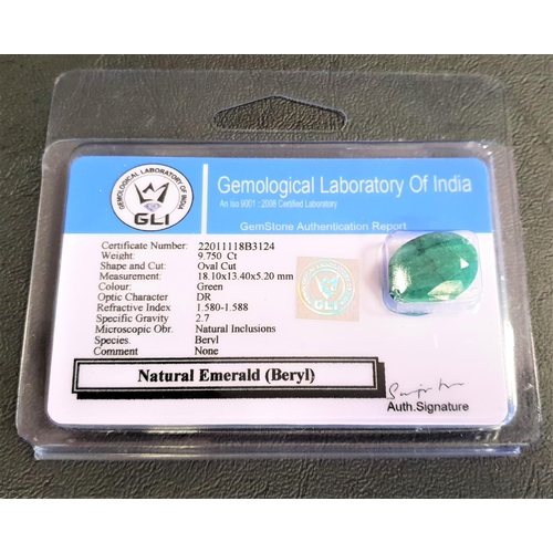 117 - CERTIFIED LOOSE NATURAL EMERALD
the oval cut emerald weighing 9.750cts, with GLI gemological report