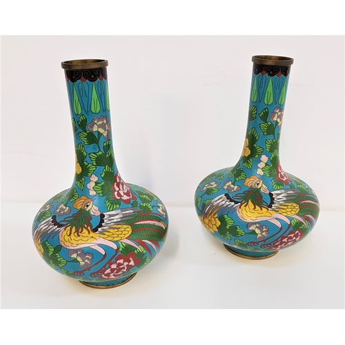 346 - PAIR OF CLOISONNE BOTTLE VASES 
raised on a circular foot rising to a high waisted cylindrical neck,... 