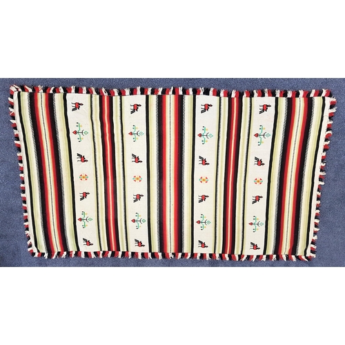 349 - SPANISH STYLE WOVEN THROW
with a white, red and black multi stripe decorated with birds and motifs, ... 