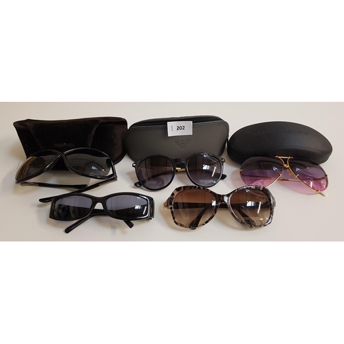 202 - FIVE PAIRS OF DESIGNER SUNGLASSES
consisting of: Tom Ford (in case), Porsche Design (in case), Empor... 