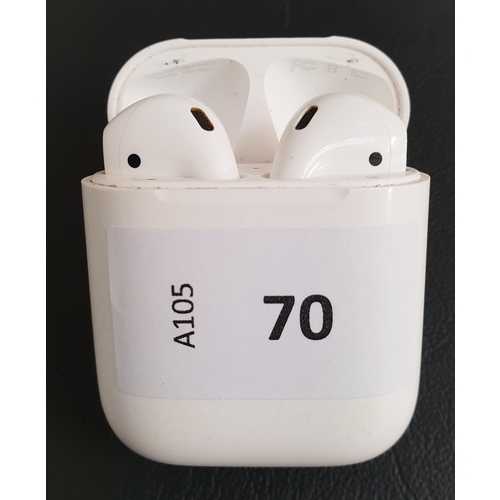 70 - PAIR OF APPLE AIRPODS 
in Lightning charging case
Note: model number worn and not visible on both he... 