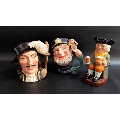 276 - THREE ROYAL DOULTON CHARACTER JUGS
comprising Happy John, 21cm high, Old Salt, D6551, 19cm high and ... 