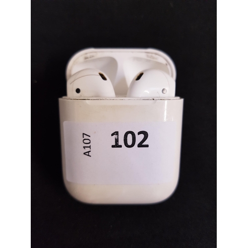 102 - PAIR OF APPLE AIRPODS 
in Lightning charging case
Note: model numbers are not visible on the Airpods