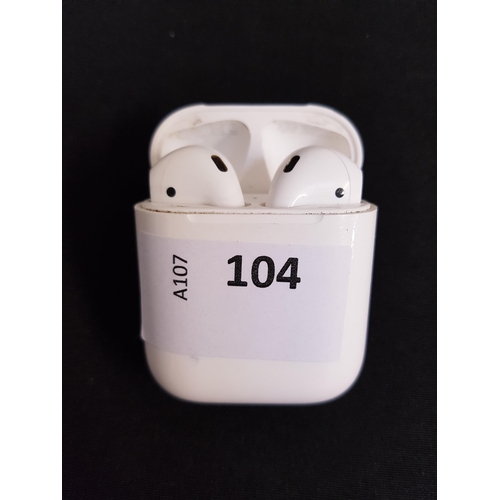 104 - PAIR OF APPLE AIRPODS 
in Lightning charging case
Note: model numbers are not visible on the Airpods