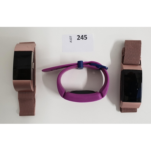 245 - SELECTION OF THREE FITBIT FITNESS TRACKERS 
comprising of one Fitbit charge 3, one Fitbit charge 2 a... 