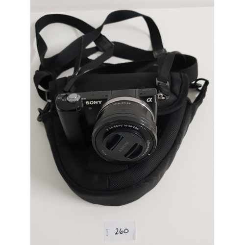 260 - SONY A5000 DIGITAL CAMERA
with Sony 3.5-5.6/PZ 16-50, 0.25m-0.3m interchangeable lens, with case