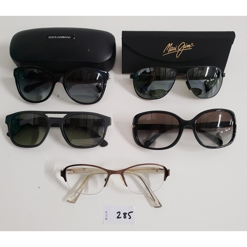 285 - FOUR PAIRS OF DESIGNER SUNGLASSES AND ONE PAIR OF GLASSES
the sunglasses comprising 2x Prada, Dolce ... 