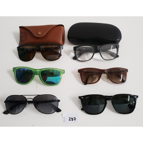 287 - FIVE PAIRS OF RAY-BAN SUNGLASSES 
one pair with case; and a pair of Ray-ban glasses in case