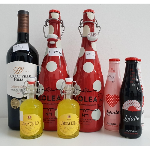 293 - SELECTION OF SPIRITS AND WINE
comprising of two bottles of Lolea fizzy red sangria (7% 750ml each), ... 