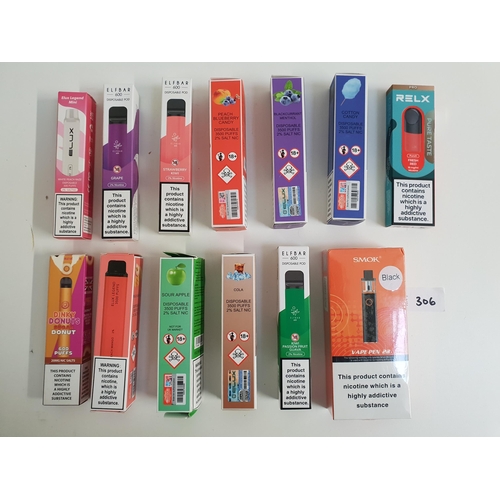 306 - SELECTION OF SINGLE USE E-CIGARETTES AND E-CIGARETTE KIT
including grape, sour apple, peach mango, s... 