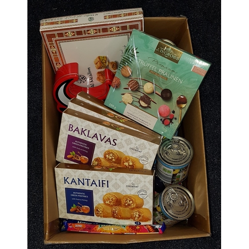 61 - ONE BOX OF CONSUMABLE ITEMS
including: pasta, stock cubes, ground cinnamon, sardines, sweets, cow an... 