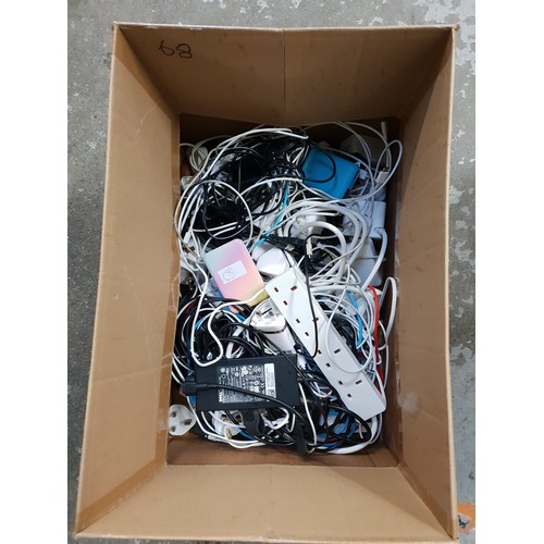 68 - ONE BOX OF CABLES, CHARGERS, CONNECTORS, POWER BANKS AND ADAPTERS