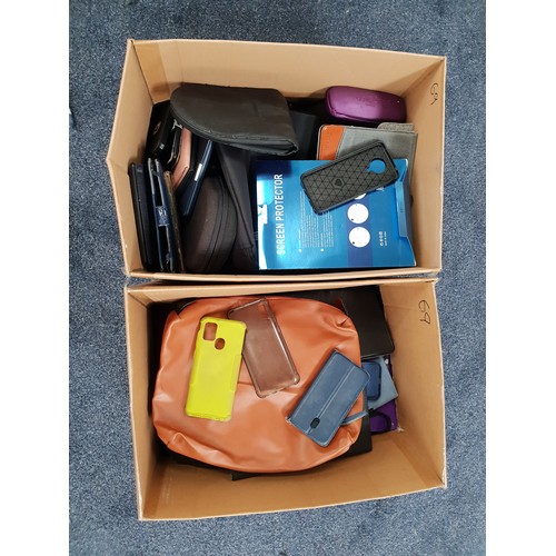 69 - TWO BOXES OF PROTECTIVE CASES, PURSES AND WALLETS
including phone, headphone, tablets, kindle, etc.