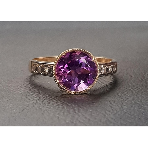 60 - AMETHYST AND DIAMOND RING 
the bezel set round cut amethyst approximately 1.5cts flanked by three di... 