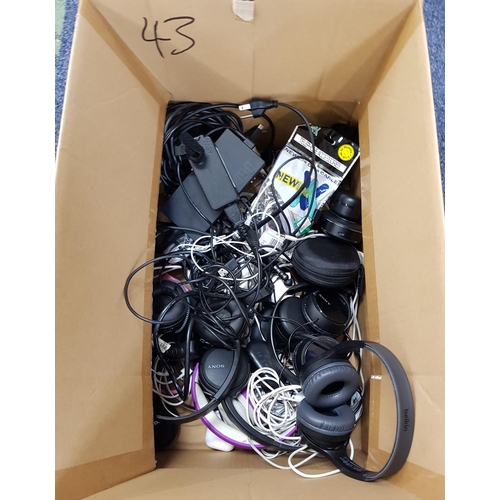 43 - ONE BOX OF CABLES, CHARGERS, CONNECTORS, HEADPHONES AND ADAPTERS