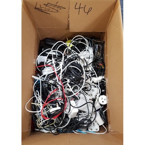 46 - ONE BOX OF CABLES, CHARGERS, CONNECTORS, POWER BANKS AND ADAPTERS