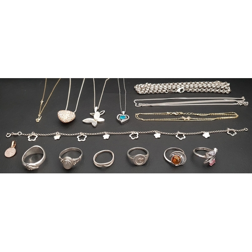 228 - SELECTION OF SILVER JEWELLERY 
including pendants on chains, stone set rings and a neck chain