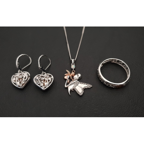 87 - SELECTION OF CLOGAU SILVER JEWELLERY
comprising an opal set fairy pendant on chain, a pair of heart ... 