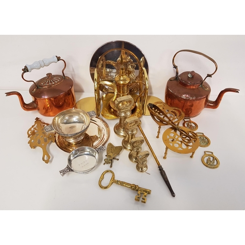 341 - SELECTION OF BRASS AND OTHER METALWARE
including two range kettles, horse brasses, trivets, fire too... 