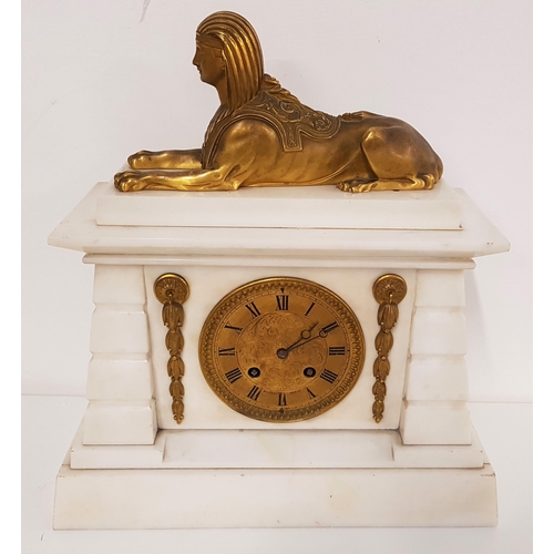 360 - 19th CENTURY WHITE MARBLE MANTLE CLOCK
surmounted by a gilt metal sphinx with a circular gilt metal ... 