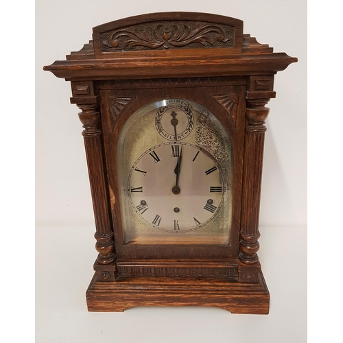 361 - OAK CASED BRACKET CLOCK
the circular silvered dial with Roman numerals and a Westminster chime 8 day... 