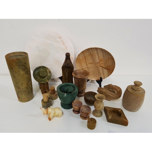 380 - SELECTION OF ASSORTED STONE WARE
including a mortar and pestle, tazza, tea cup, vases, pair of egg c... 