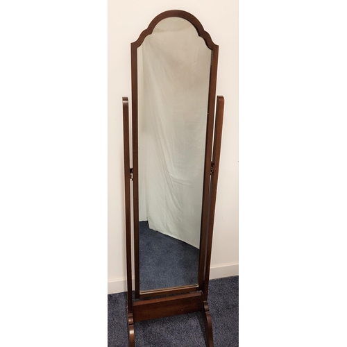 608 - MAHOGANY SHAPED CHEVAL MIRROR
with plain column supports, standing on splayed shaped supports, 157cm... 