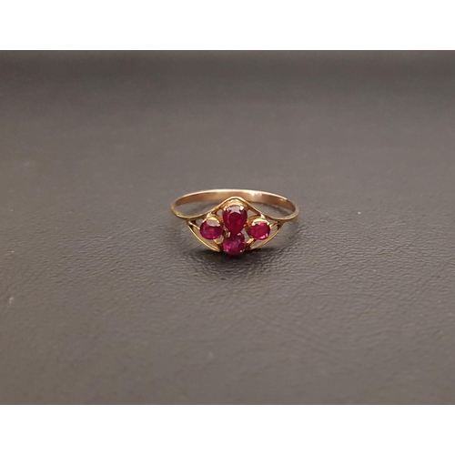 99 - RUBY CLUSTER RING
the four rubies in pierced setting, on unmarked gold shank, ring size O-P