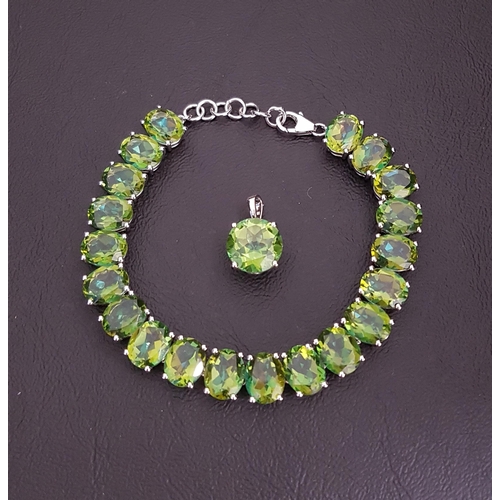 113 - GREEN GEM SET BRACELET AND MATCHING PENDANT
the bracelet with twenty oval cut gemstones, the pendant... 