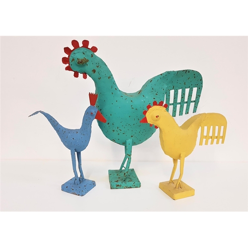 342 - THREE INDIAN METAL BIRD ORNAMENTS
from the retailer Habitat, including a large blue cockrel, 51cm hi... 